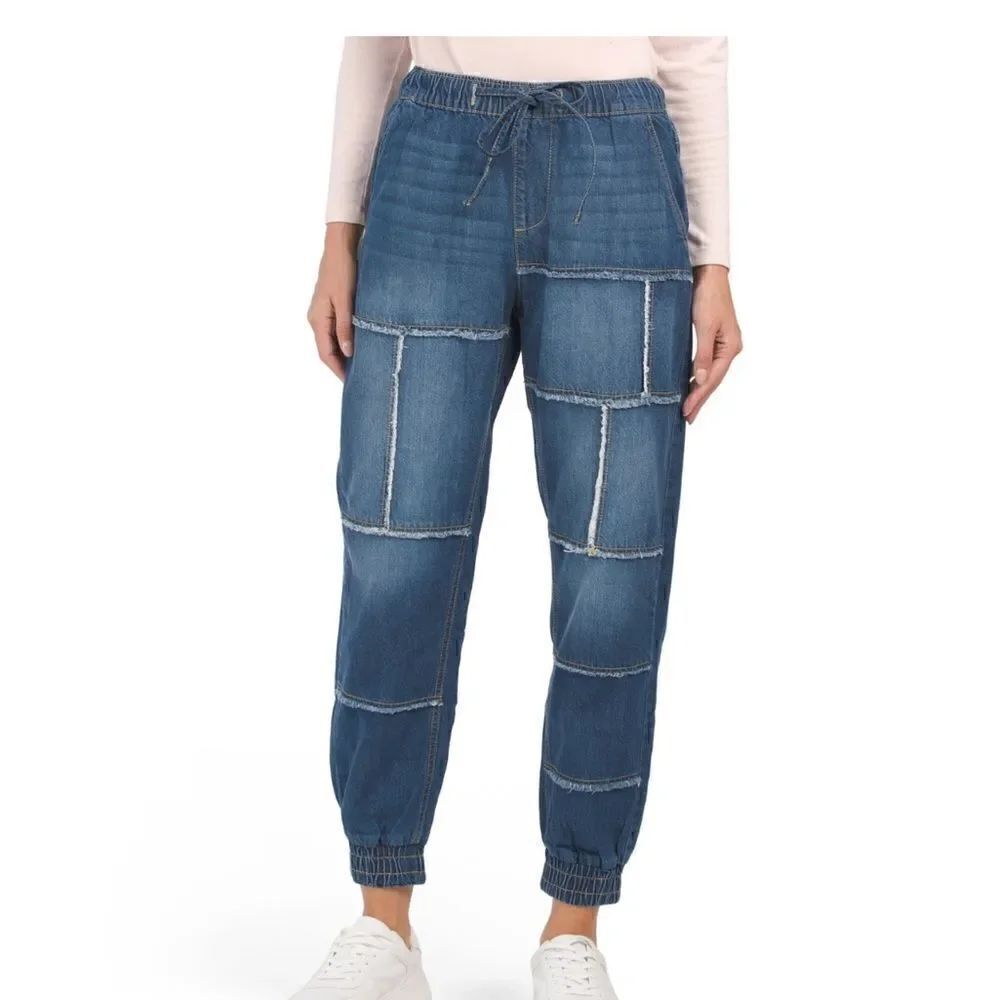 Indigo Rein Patchwork Contrast Denim Joggers Elastic Drawstring Waistband